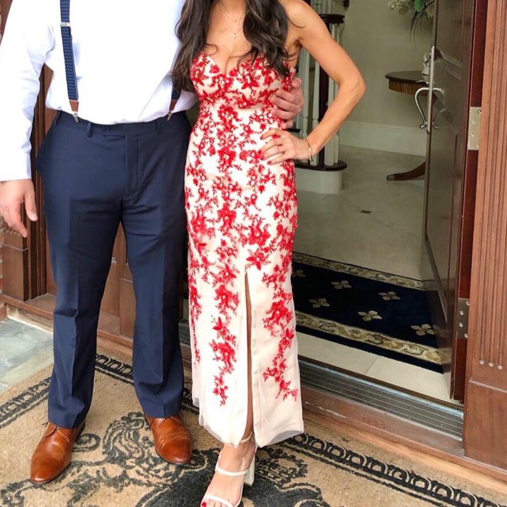 Nude & red lace ball gown dress